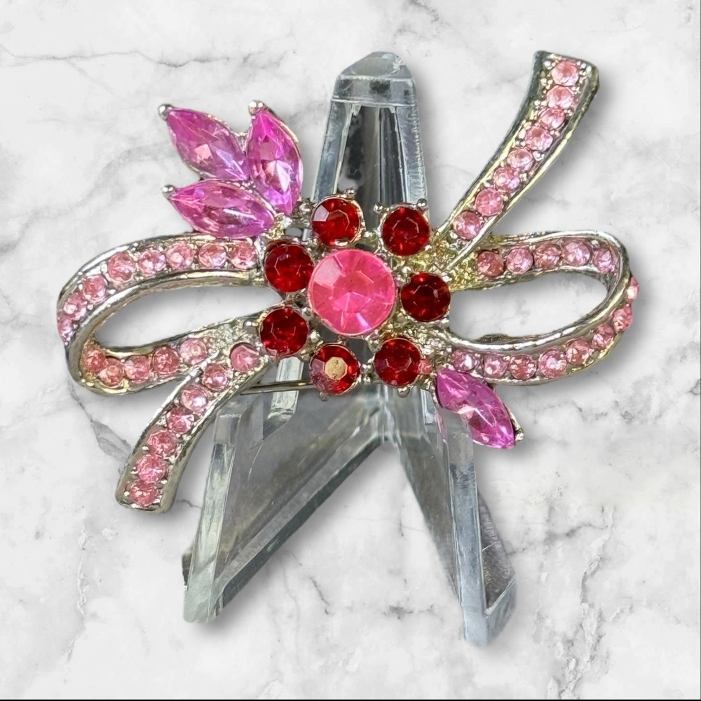 227. Vintage Pink & Red Rhinestone Bow Flower Brooch